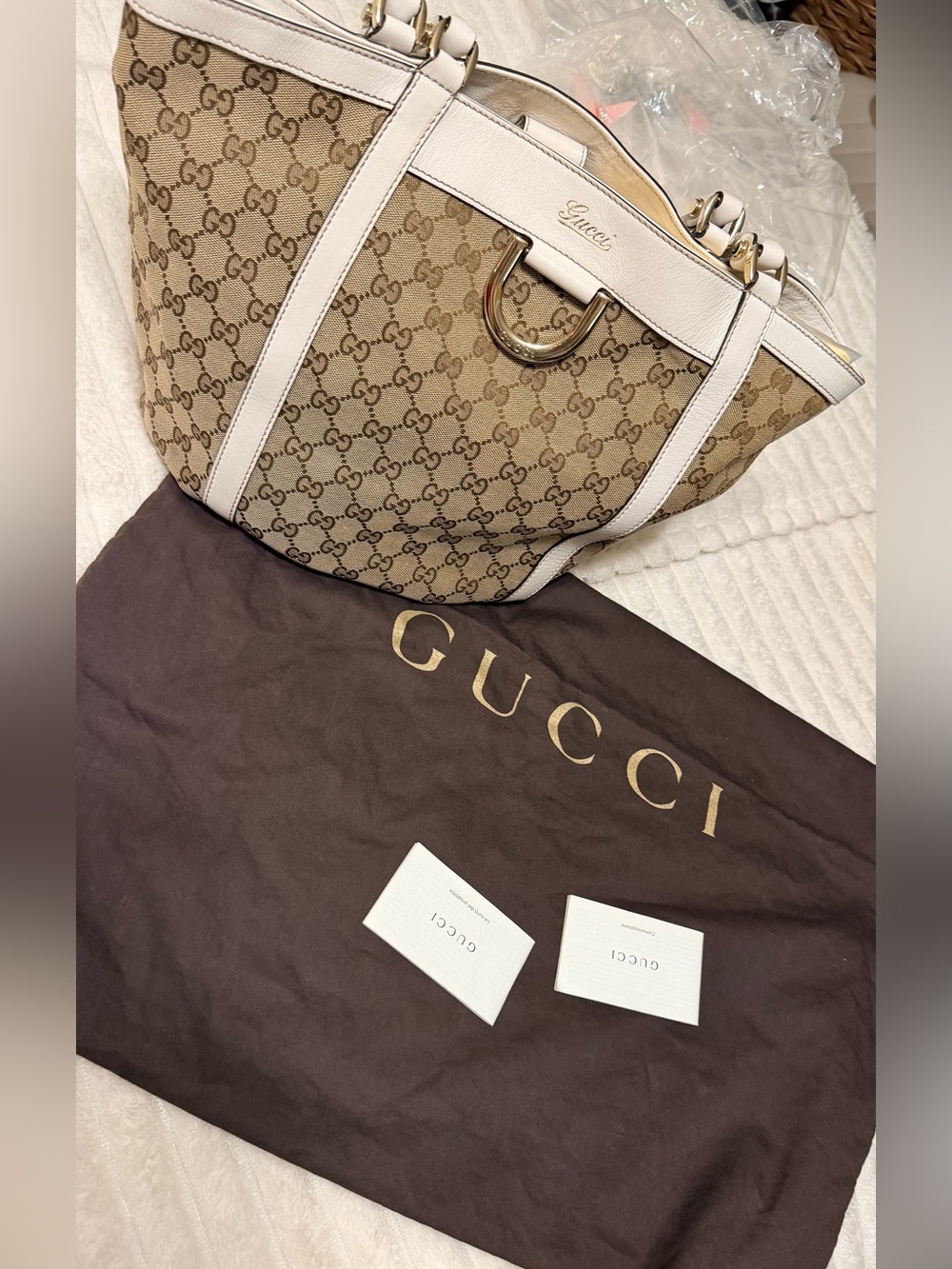 Gucci Beige GG Canvas Tote with White Leather Trim and Gold Hardware AUTHENTIC.